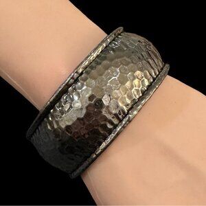 Hammered Metal Cuff Bracelet Wide Textured  Silver- Tone Statement